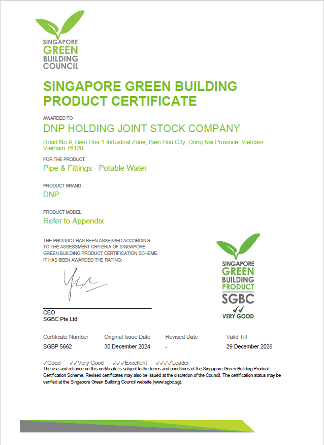 NHỰA ĐỒNG NAI NHẬN CHỨNG NHẬN GREEN BUILDING PRODUCT CERTIFICATE CHO SẢN PHẨM ỐNG & PHỤ KIỆN HDPE