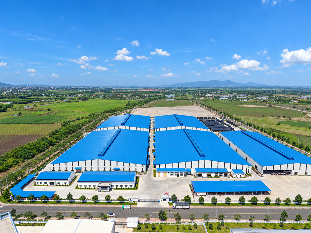 Aerial View of Blue Roofed Industrial Complex